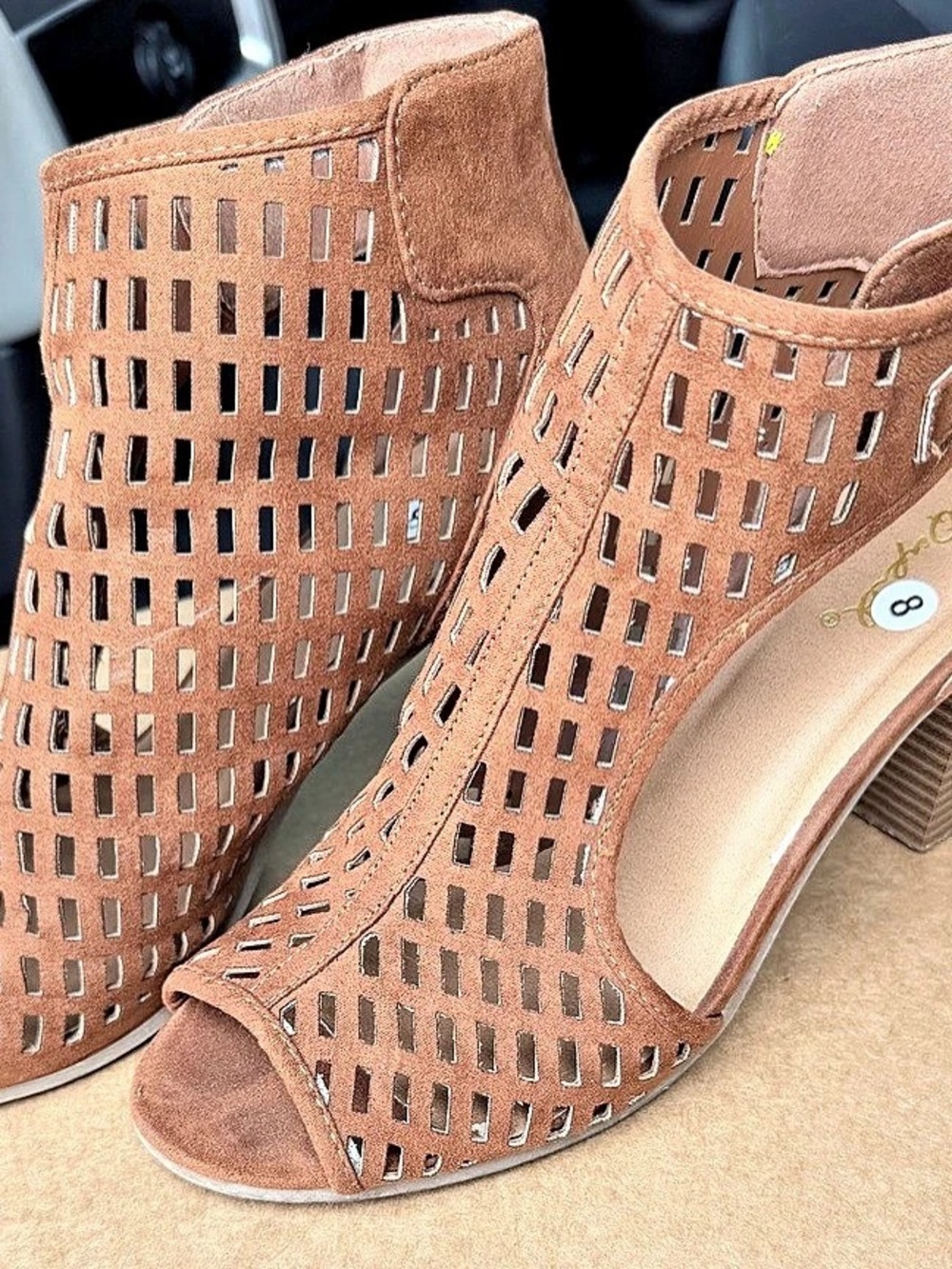 Qupid Perforated Peep Toe Heels Brown US 8